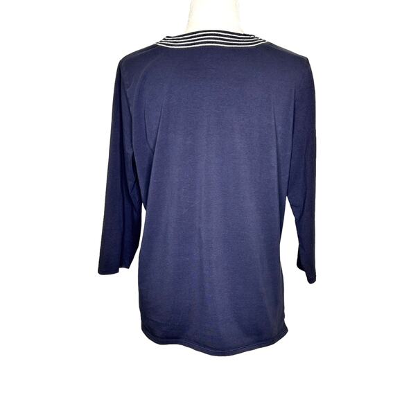 Talbots Navy Blue Embroidered Notched Neck 3/4 Sleeve Tunic Top - Picture 4 of 9